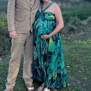 Pink Blush Palm Print Halter Neck Maternity Maxi Dress